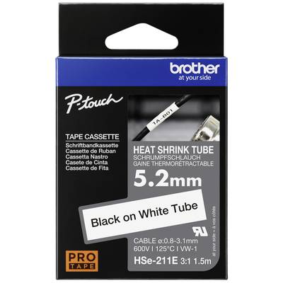 Emballage d'une cassette de ruban Brother P-touch, gaine thermorétractable de 5,2 mm, texte noir sur fond blanc.