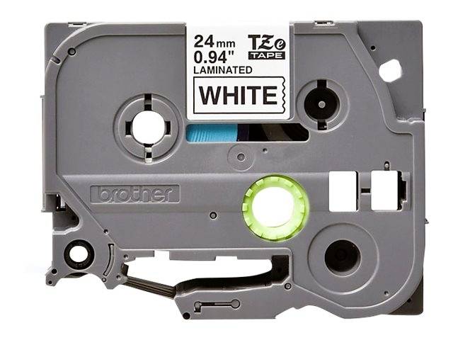 Une cassette de ruban grise Brother TZe, 24 mm, ruban laminé blanc, adaptée aux imprimantes d'étiquettes.