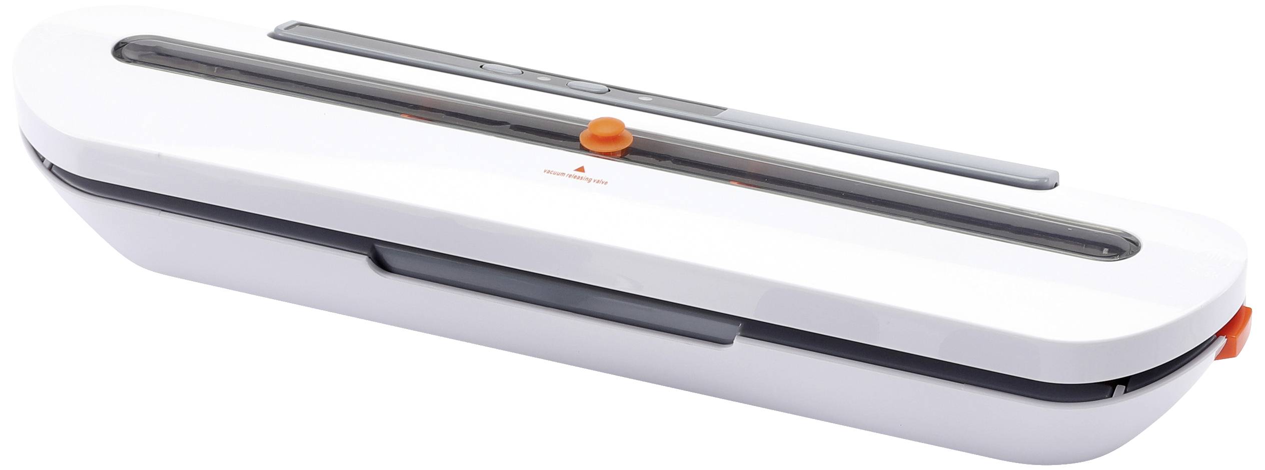 Un appareil de mise sous vide blanc avec des touches grises et orangées, idéal pour sceller hermétiquement les aliments dans les cuisines.