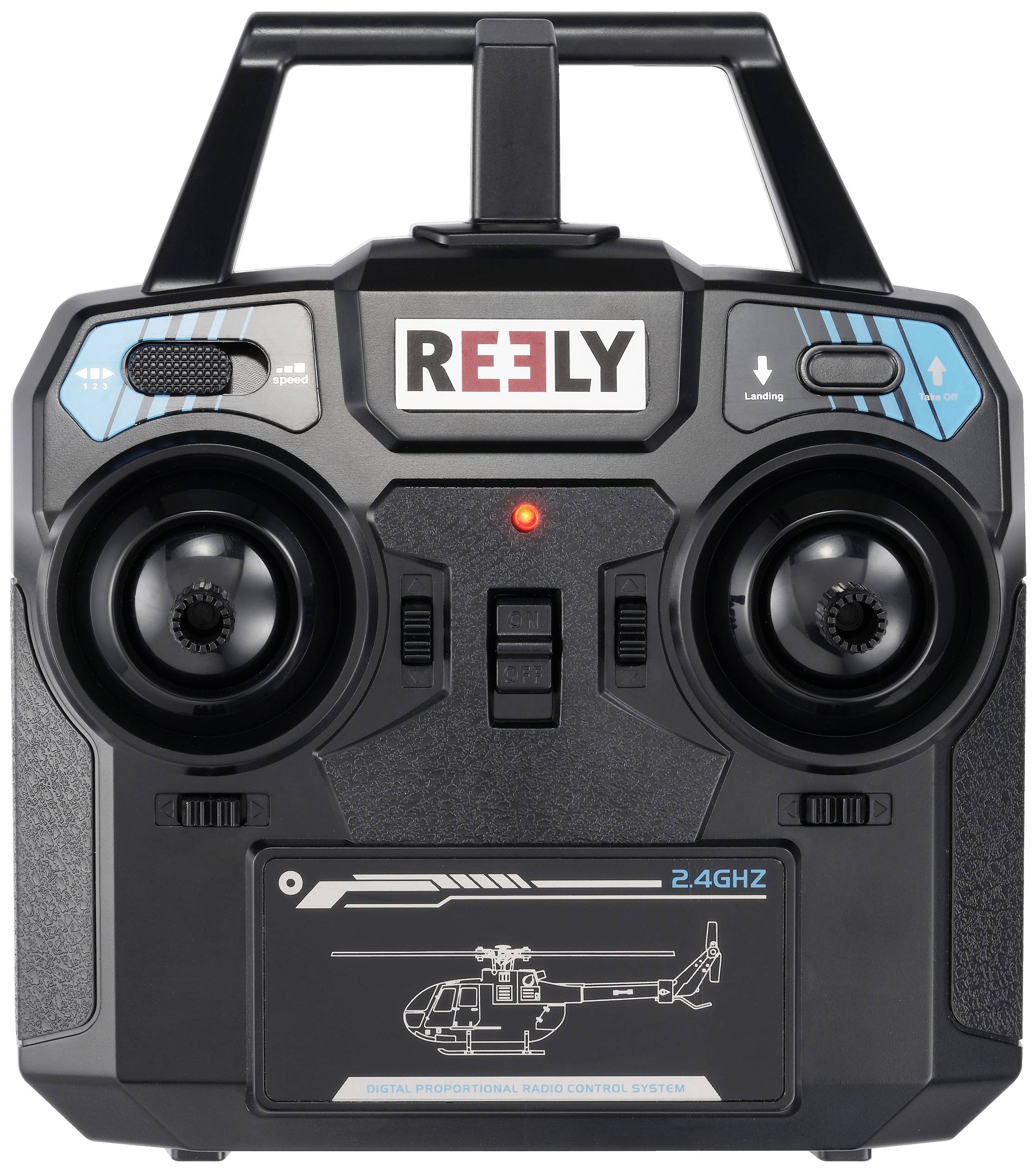 Télécommande noire avec deux joysticks et un indicateur LED rouge. 'REELY' est inscrit en haut. Le marquage indique une fréquence de 2,4 GHz.