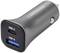 Chargeur de voiture USB noir avec ports USB-C et USB-A à l'avant, portant le nom de produit 'Voltcraft' imprimé dessus.
