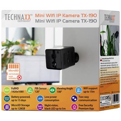 Emballage 'TECHNAXX Mini Caméra IP Wifi TX-190'. Fonctions : Full HD 1920x1080, Wi-Fi portée 15m, angle de vue 100°, vision nocturne, capteur PIR. Carte MicroSD jusqu'à 128 Go (non fournie).