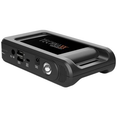 Un démarreur de batterie portable Technaxx avec ports USB, lampe LED et boîtier noir. Idéal pour les situations d'urgence.