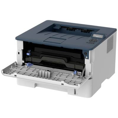 Un imprimante laser ouvert avec cartouche de toner retirée, prêt à être changée. Des boutons de commande sont visibles en haut de l'appareil.