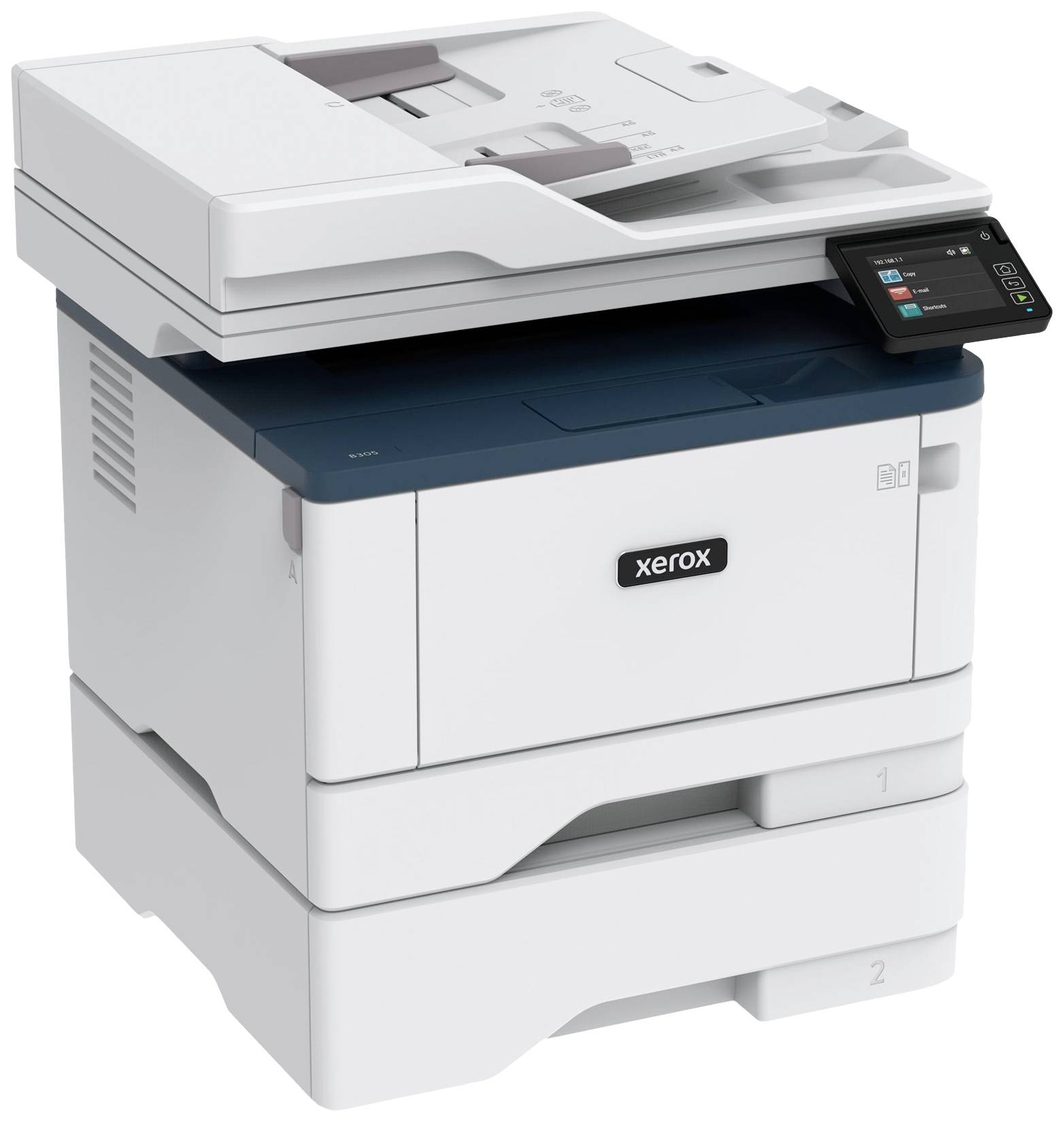 Un imprimante multifonction moderne : blanche, grande, avec un écran sur le côté droit, adaptée aux bureaux pour le traitement des documents.