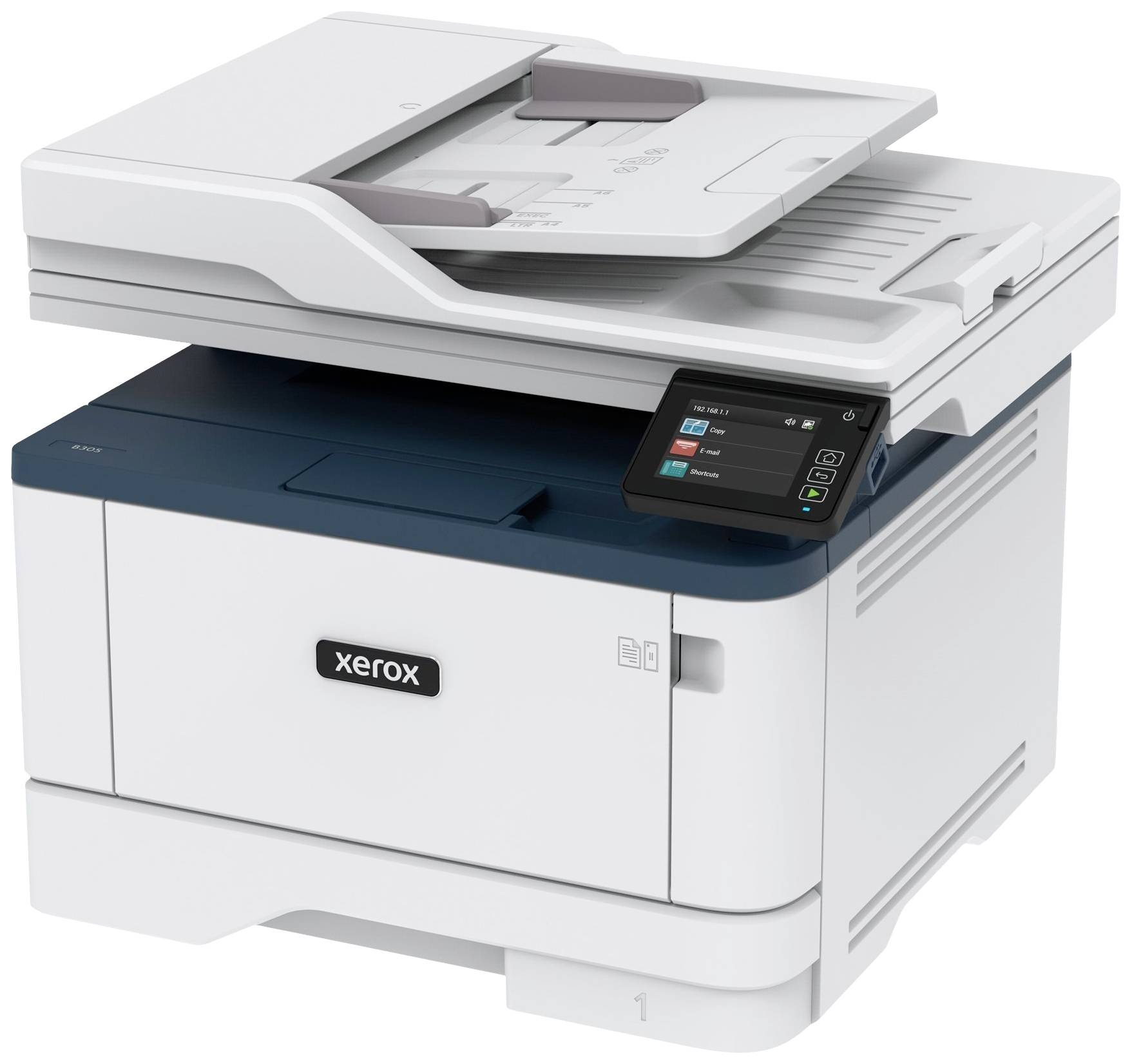 Un imprimante multifonction blanche avec un panneau de commande sombre sur lequel sont visibles des symboles pour imprimer, numériser et copier.