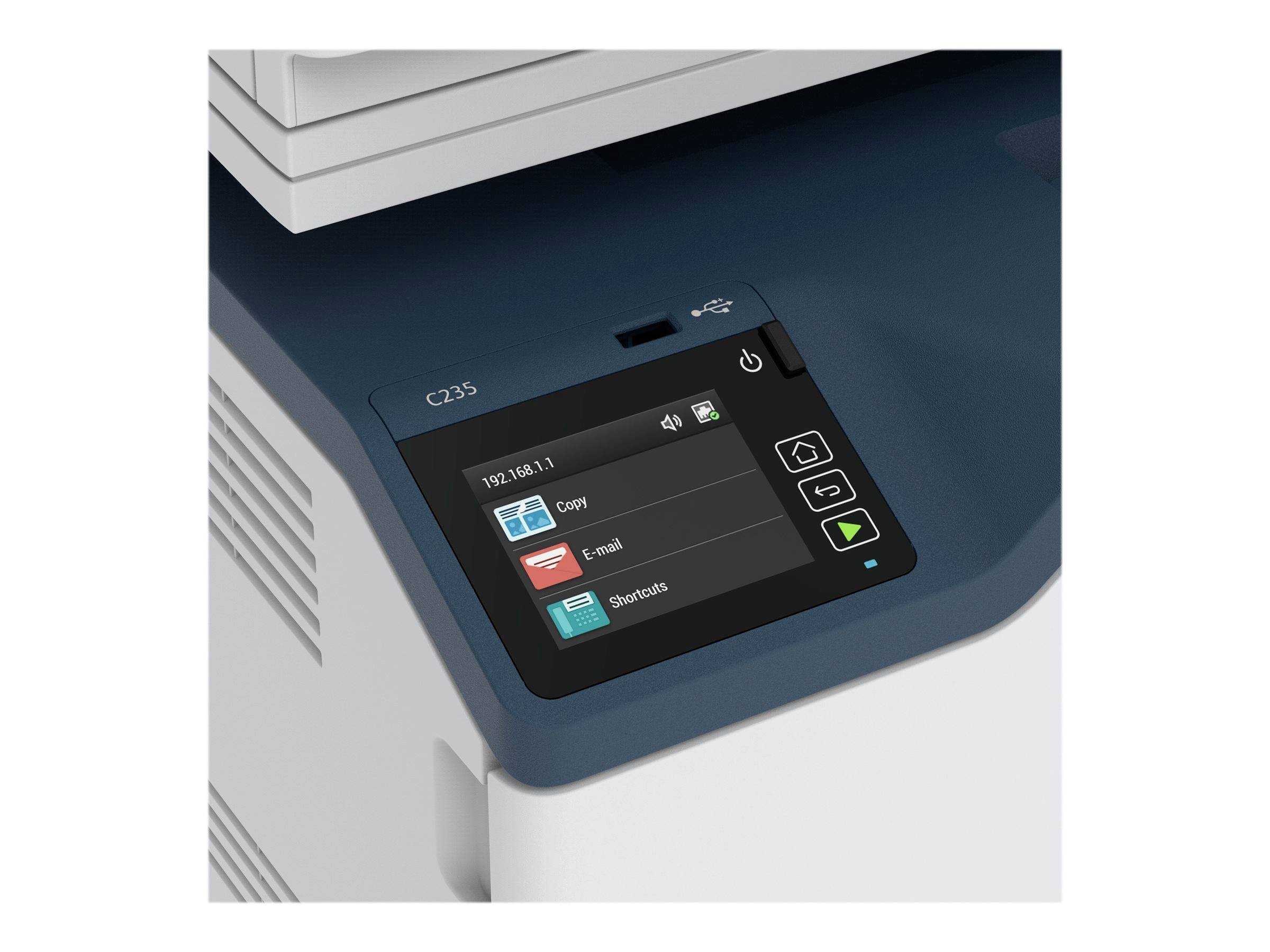 Document imprimé avec une surface bleu-blanc et un écran. L'écran affiche des options telles que « Copier », « E-mail » et « Raccourcis ».