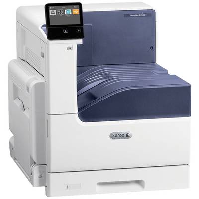 Une imprimante blanche et bleue avec écran, modèle Xerox VersaLink C9000.