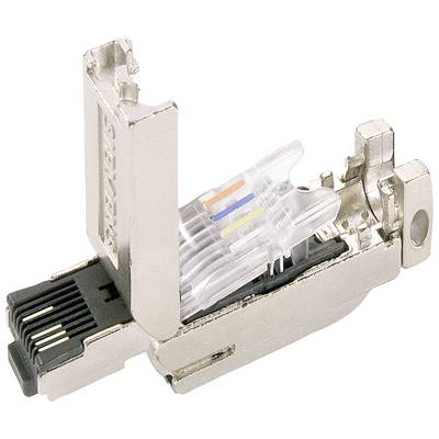 Un connecteur RJ45 en gros plan montre les fils colorés insérés. Le cadre métallique est partiellement ouvert et visible.