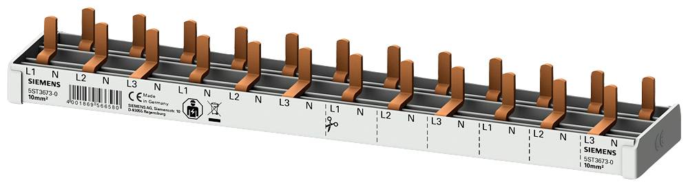 Bloc de distribution Siemens à 9 connexions, contacts orange et noir, étiqueté 'L1', 'L2', 'L3', 'N'.