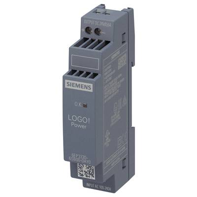 Un module d'alimentation Siemens LOGO! gris pour l'automatisation, doté de connexions et d'étiquettes techniques.