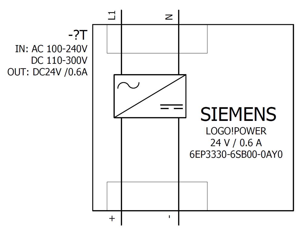 Schéma de câblage d'un module d'alimentation Siemens LOGO!Power. Entrée : AC 100-240V, DC 110-300V. Sortie : DC 24V / 0,6A. Numéro de modèle : 6EP3330-6SB00-0AY0.
