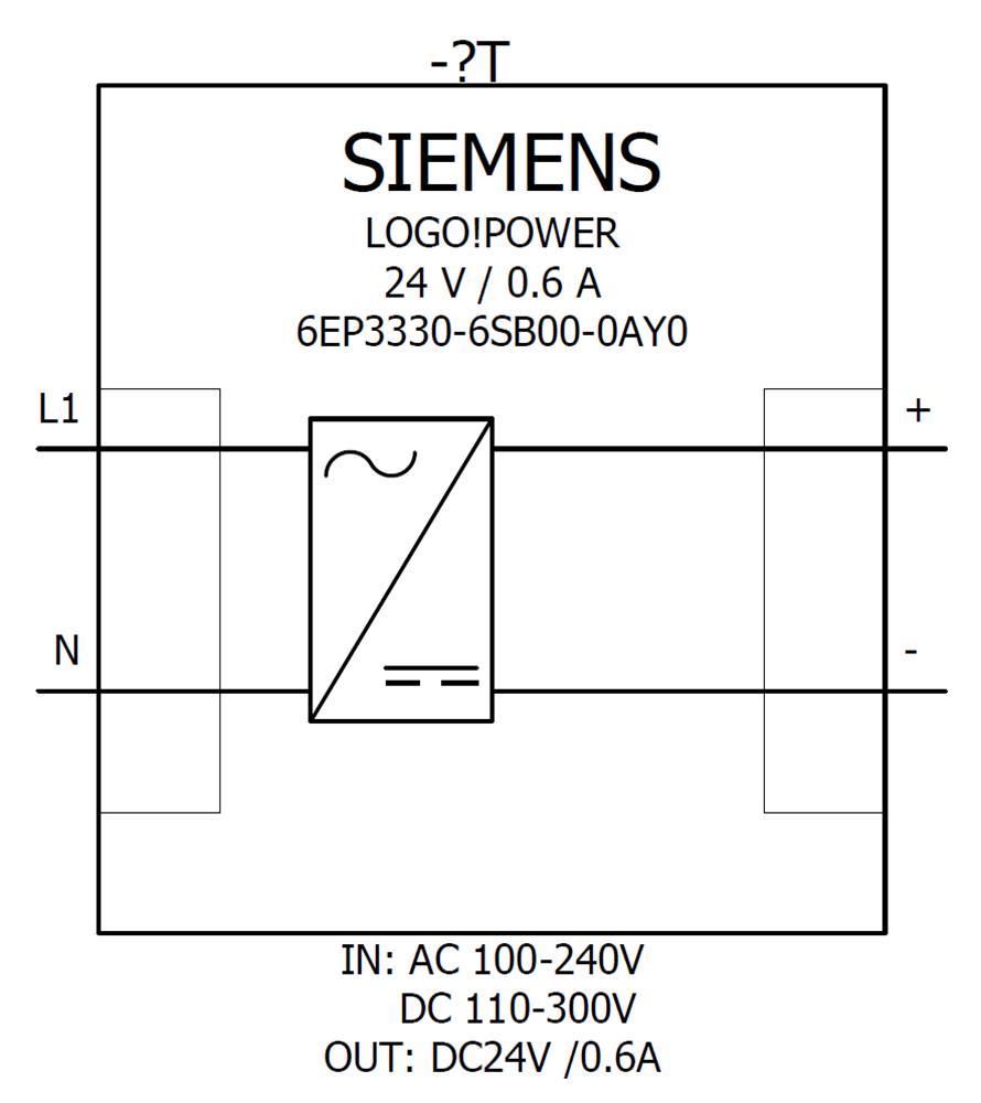 Dessin technique d'une alimentation Siemens-Logo. Spécifications : 24 V, 0,6 A ; ENTRÉE : AC 100-240V, DC 110-300V ; SORTIE : DC24V/0,6A.