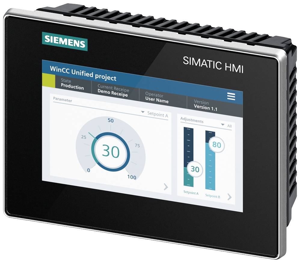 Écran tactile Siemens SIMATIC HMI affichant une interface avec des indicateurs de mesure et des options de configuration pour des applications industrielles.