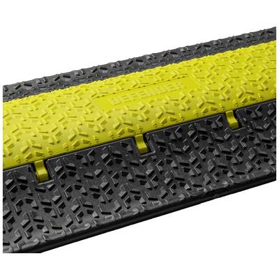 Protection de passage de câbles jaune en matériau robuste, avec une surface antidérapante et l'inscription 'DEFENDER' au centre.