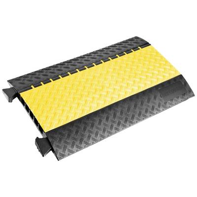 Un protège-câbles en caoutchouc noir et jaune, adapté aux environnements intérieurs et extérieurs, protège les câbles contre les dommages.