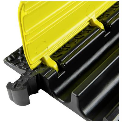Pont-câbles jaune avec couvercle rabattable sur base noire, adapté pour le passage sécurisé des câbles au sol.