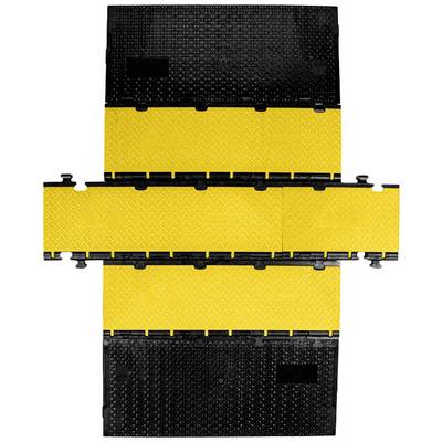 Canal de protection de câbles routier en noir et jaune, composé de plusieurs modules, pour la protection des câbles sur une route ou un chantier.