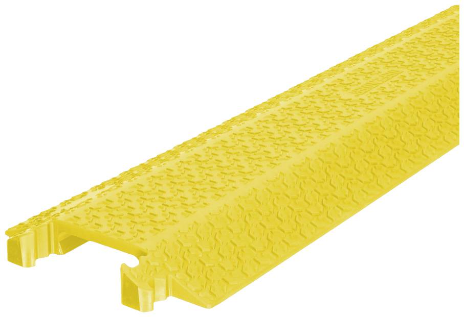 Passerelle de câbles jaune avec surface structurée pour une meilleure adhérence. Adaptée à la protection des câbles et à la prévention des risques de trébuchement.