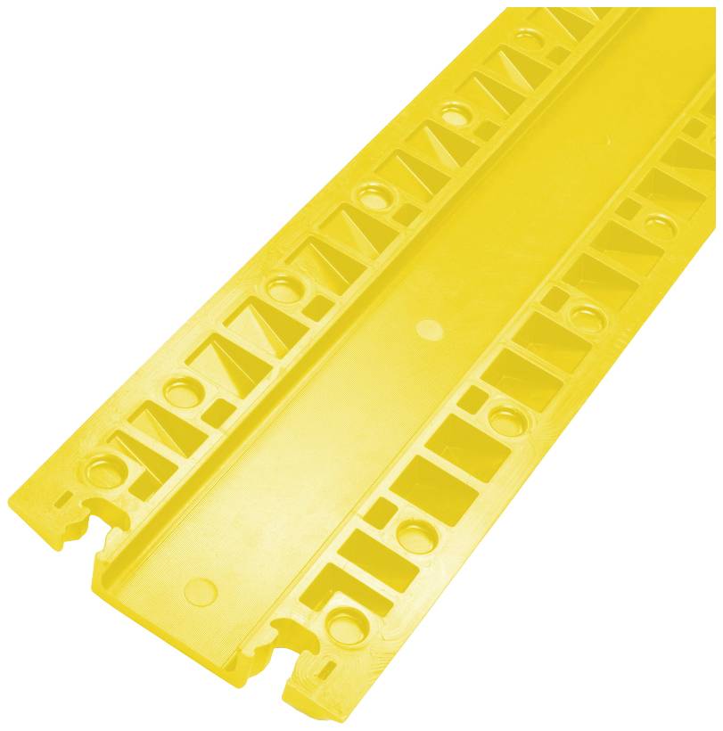 Pont de câbles en plastique jaune à plusieurs canaux pour la protection des câbles. Adapté pour une utilisation sur des chantiers ou dans des environnements industriels.