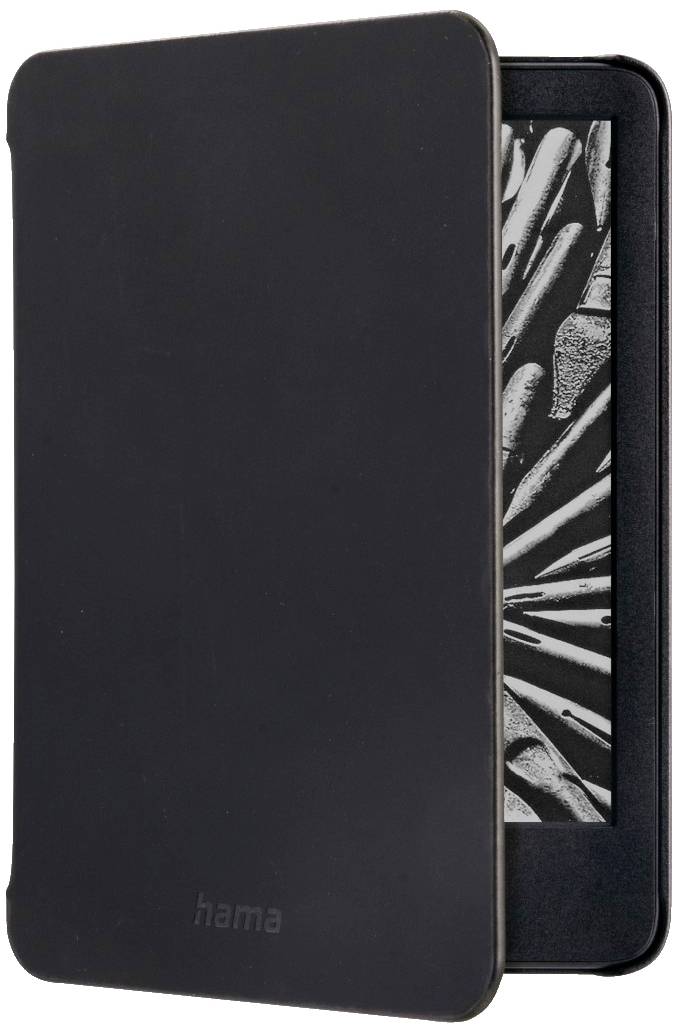 Un liseuse noir fermé avec une couverture noire. Un motif abstrait noir et blanc est visible à l'écran.
