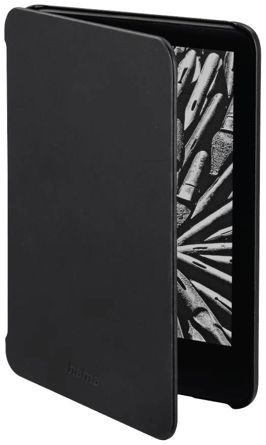 Étui de protection noir pour tablette, partiellement ouvert, révélant l'écran avec un motif abstrait noir et blanc.