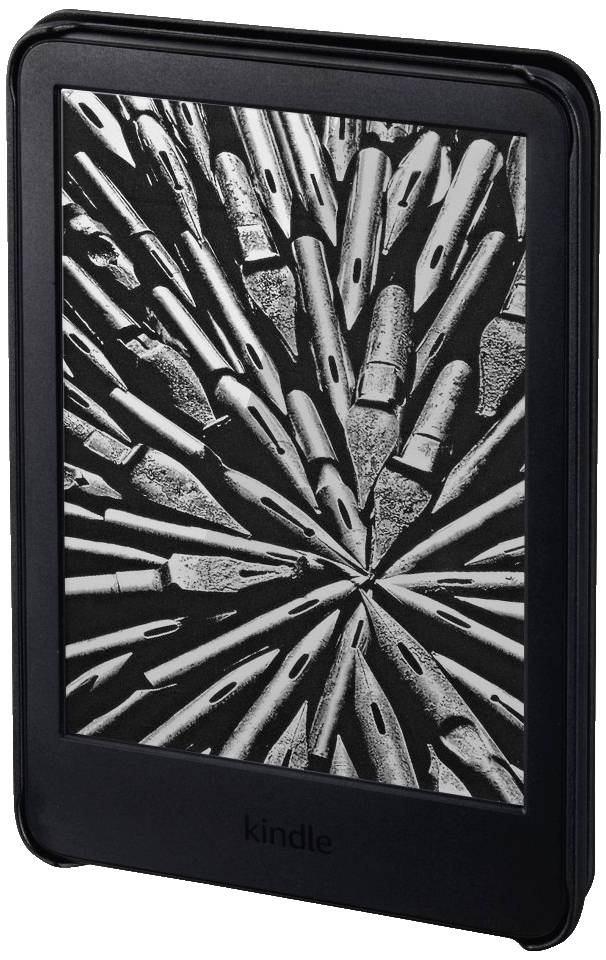 Un liseuse noir avec un écran E-Ink affiche un motif artistique de vieilles plumes d'écriture.