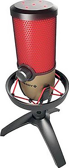 Un microphone moderne sur un pied, éclairé en rouge. Idéal pour des enregistrements sonores de qualité studio.