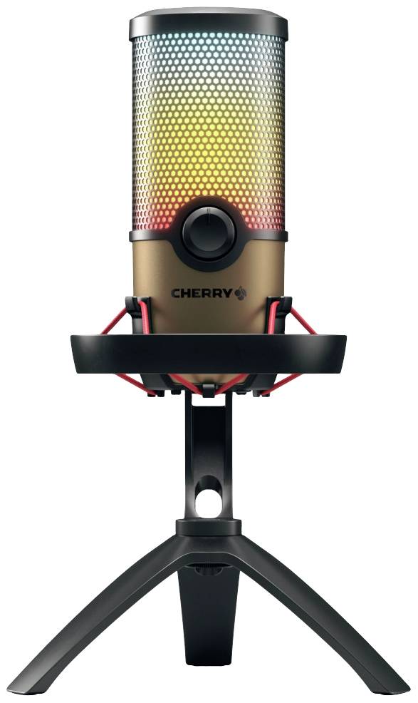 Microphone avec grille métallique et éclairage LED coloré. Il est installé sur un support robuste. La marque est visible sur le microphone.