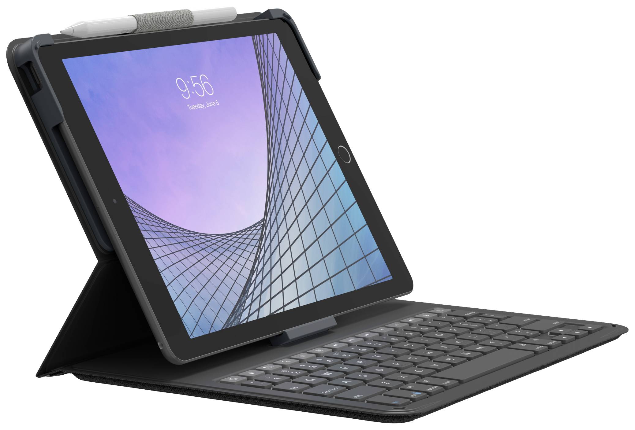 Une tablette avec un étui-clavier affiche un bâtiment moderne à façade vitrée sur son écran. L'image sert à présenter la tablette comme un outil de travail.