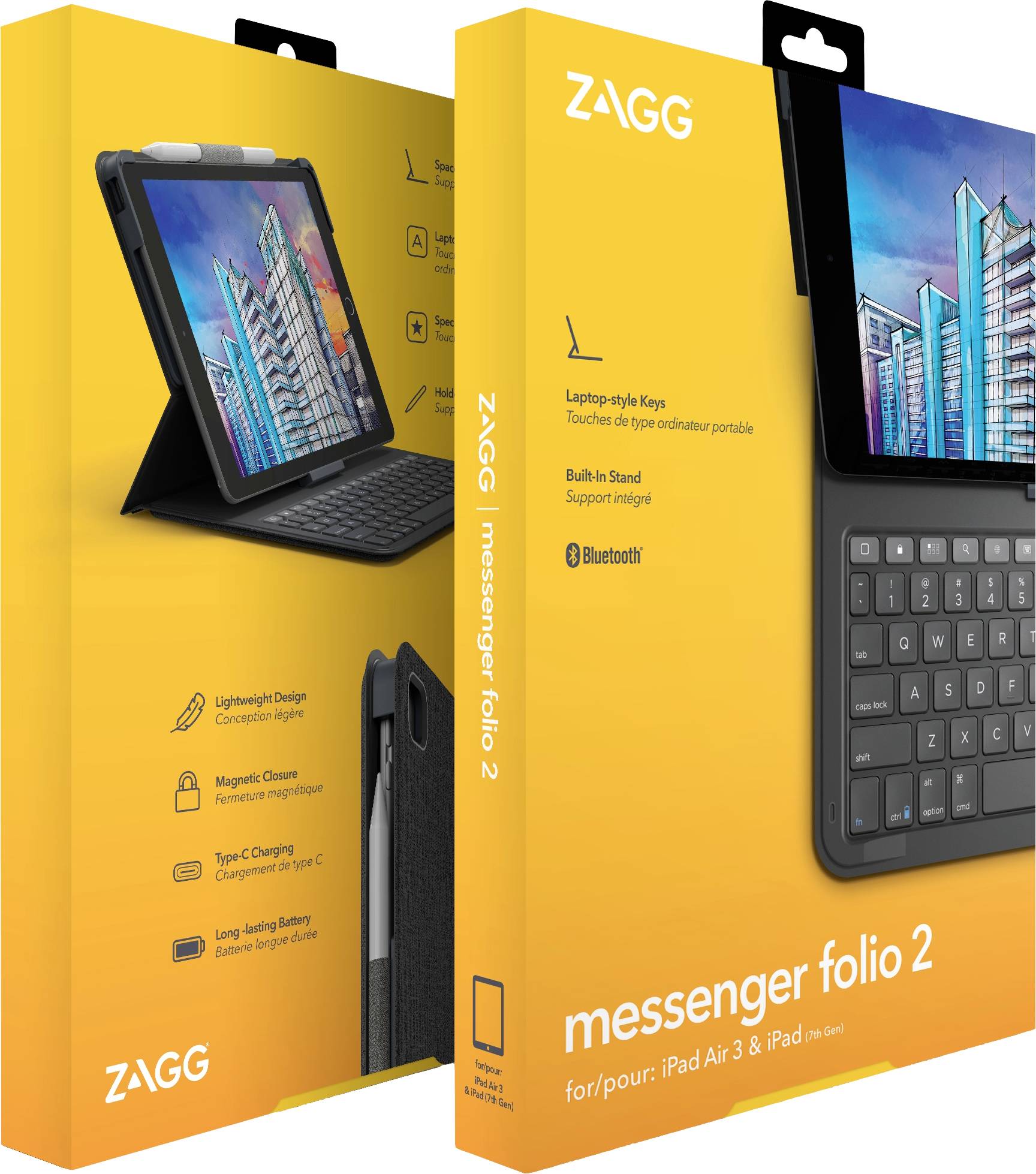 Emballage du 'ZAGG Messenger Folio 2' pour iPad Air 3 et iPad. Présente une housse de protection avec clavier, fonction Bluetooth et support.
