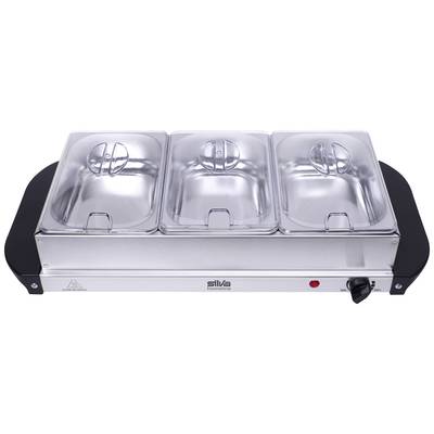 Chauffe-plats argenté avec trois récipients en acier inoxydable et couvercles, adapté pour maintenir les plats au chaud.