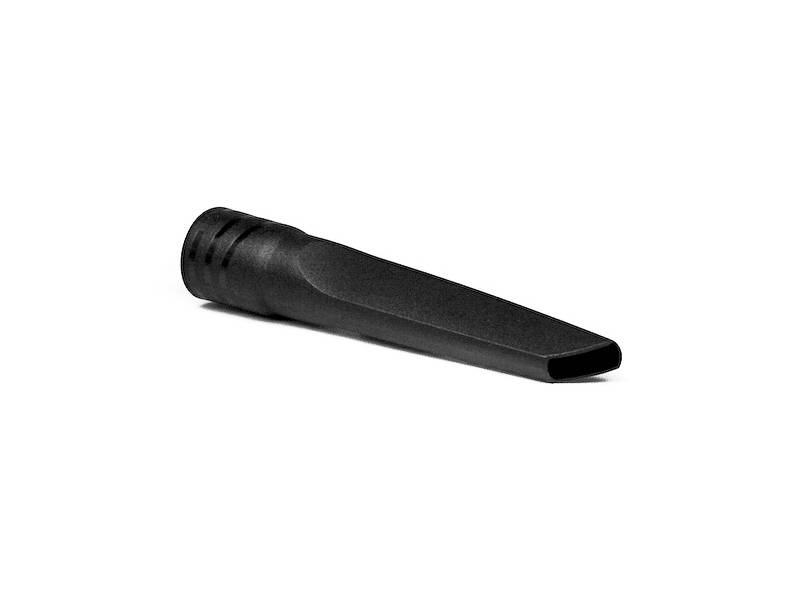 Tuyau en plastique noir avec une extrémité étroite et plate, utilisé pour les accessoires d'aspirateur.