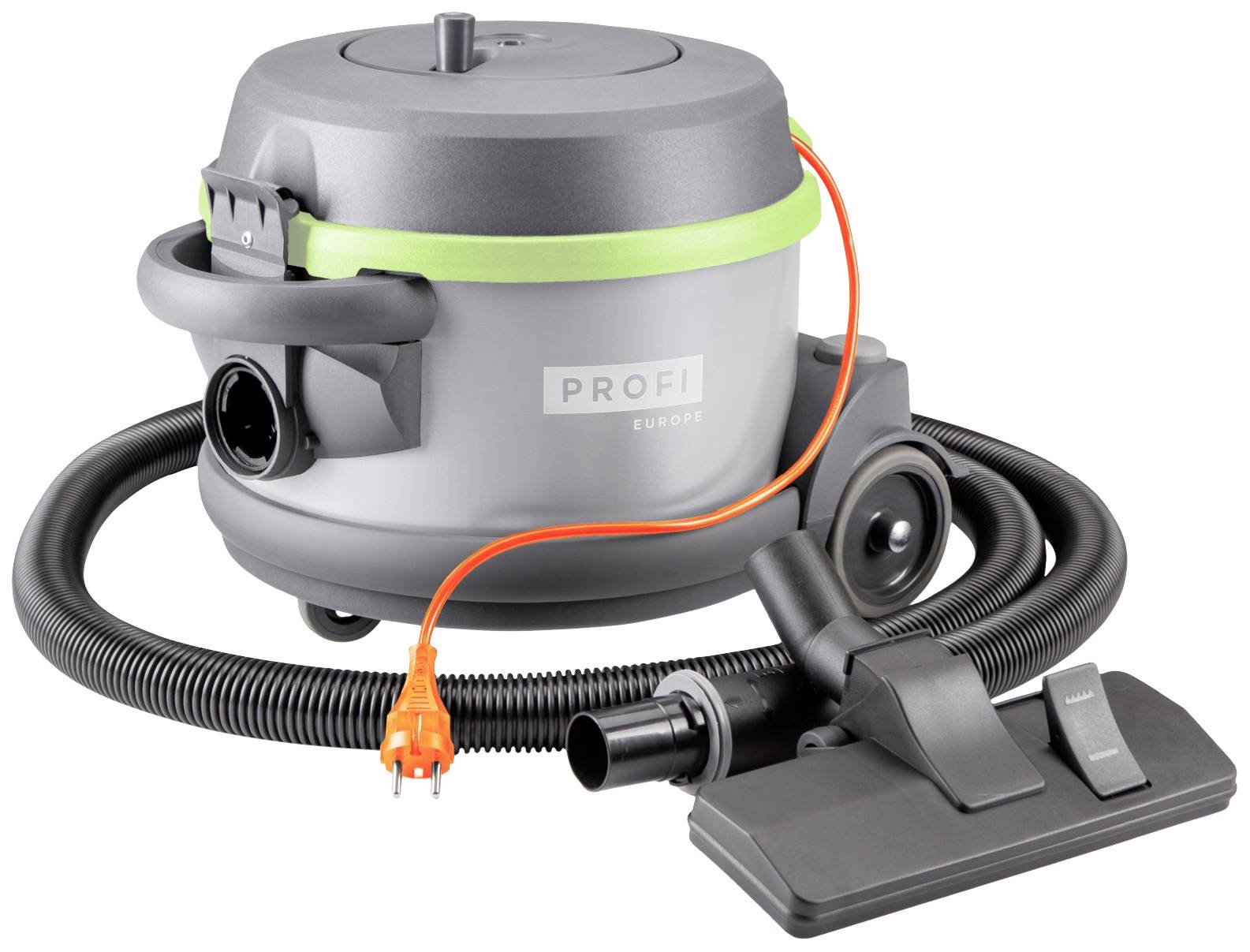 Aspirateur gris-vert avec câble orange et accessoires.