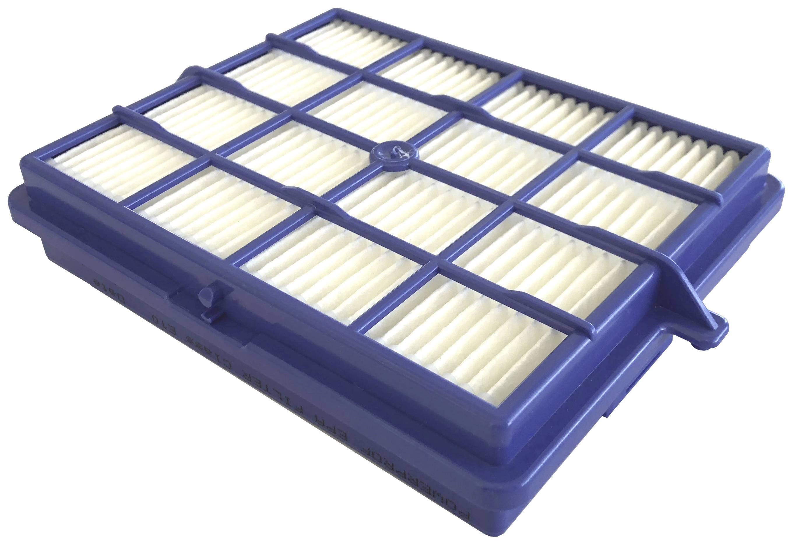 Un filtre d'aspirateur rectangulaire bleu avec des lamelles en papier blanc plissées dans un cadre en plastique.