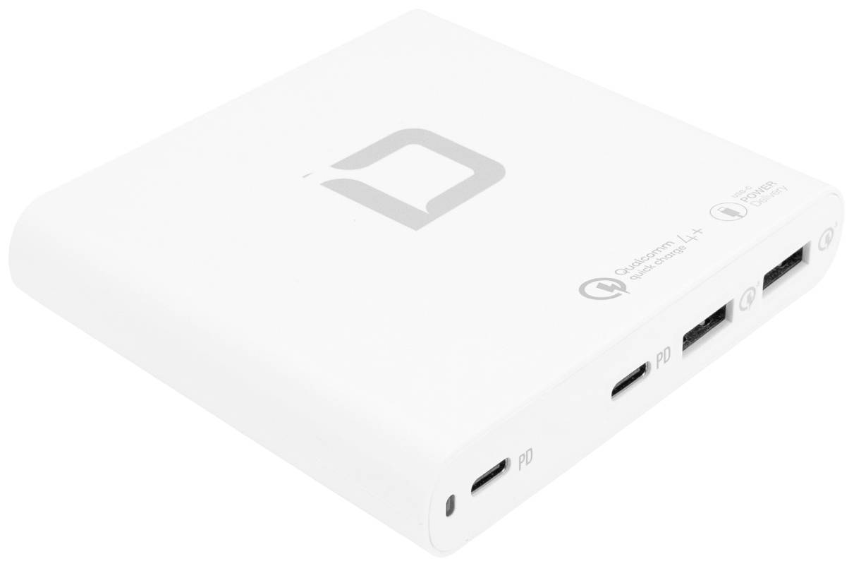 Un chargeur blanc avec plusieurs ports, comprenant deux ports USB-C et deux ports USB-A. L'inscription 'Qualcomm Quick Charge' est visible.