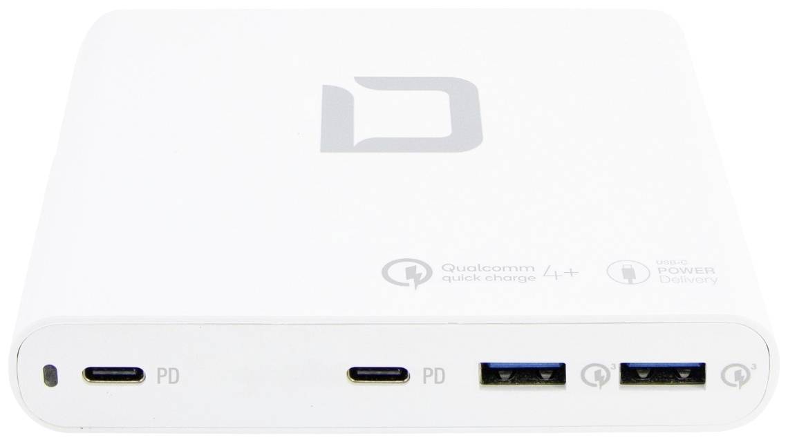 Un chargeur blanc doté de deux ports USB-C et de deux ports USB-A. Il prend en charge Qualcomm Quick Charge 4+ et Power Delivery.