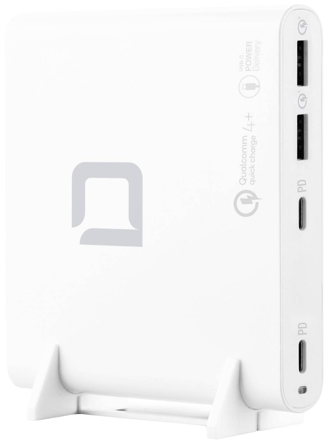 Chargeur blanc avec deux ports USB-C et un port USB-A, doté des technologies Quick Charge et Power Delivery.