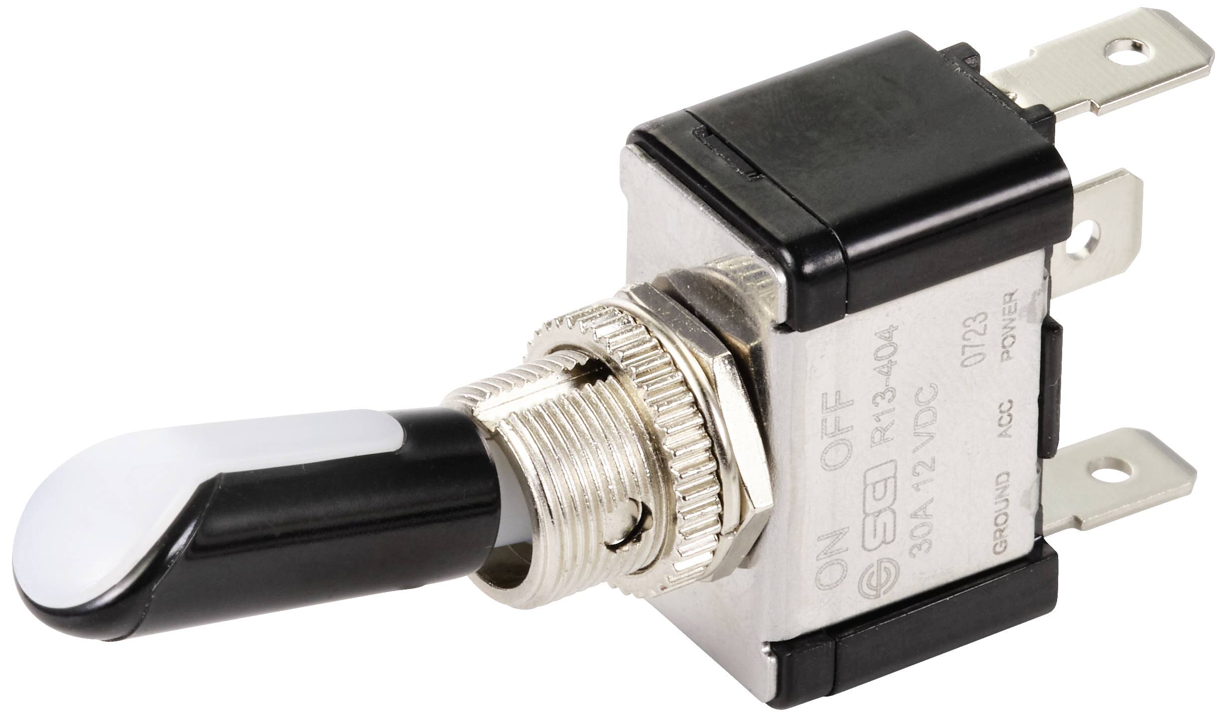 Interrupteur à bascule avec boîtier métallique et levier noir en position 'MARCHE', adapté pour des circuits de 12V et 30A, marquage du fabricant visible.