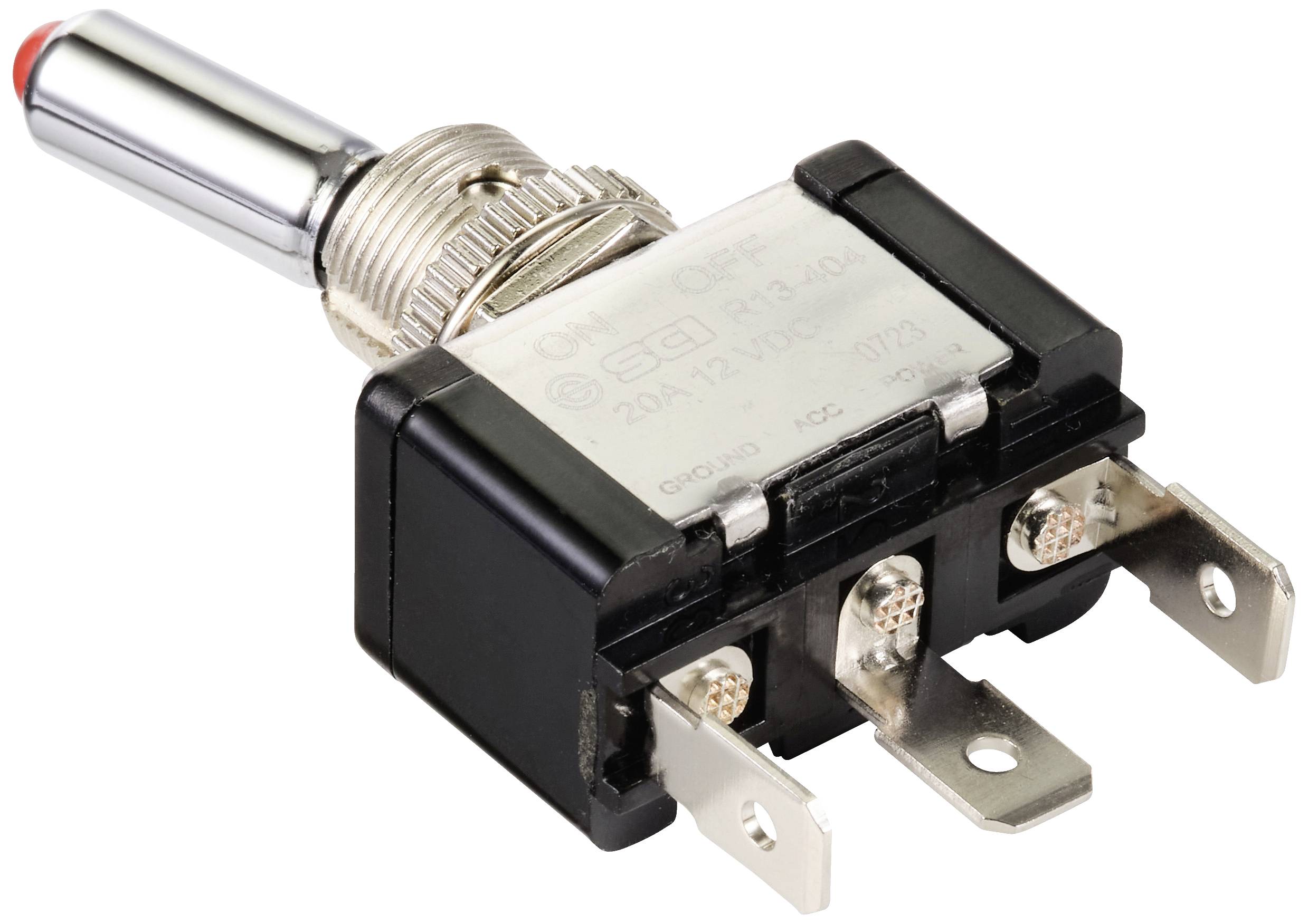 Interrupteur avec levier métallique, boîtier en plastique et bornes de connexion visibles.