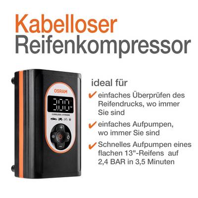 Compresseur de pneu sans fil, idéal pour vérifier facilement la pression des pneus et gonfler rapidement un pneu à 2,4 bars en 3,5 minutes.