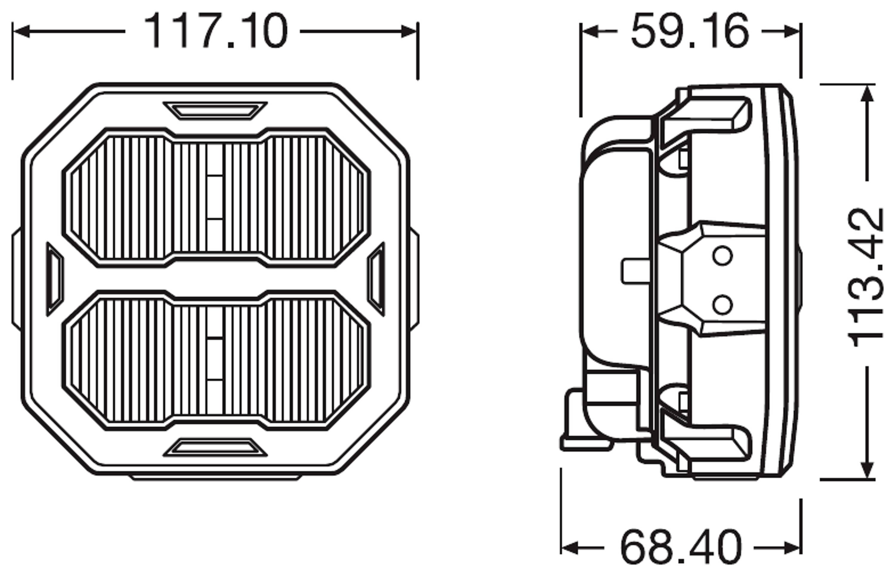 Dessin technique d'un composant rectangulaire avec les dimensions suivantes : largeur 117,10 mm, hauteur 113,42 mm, profondeur 68,40 mm, surface supérieure 59,16 mm.