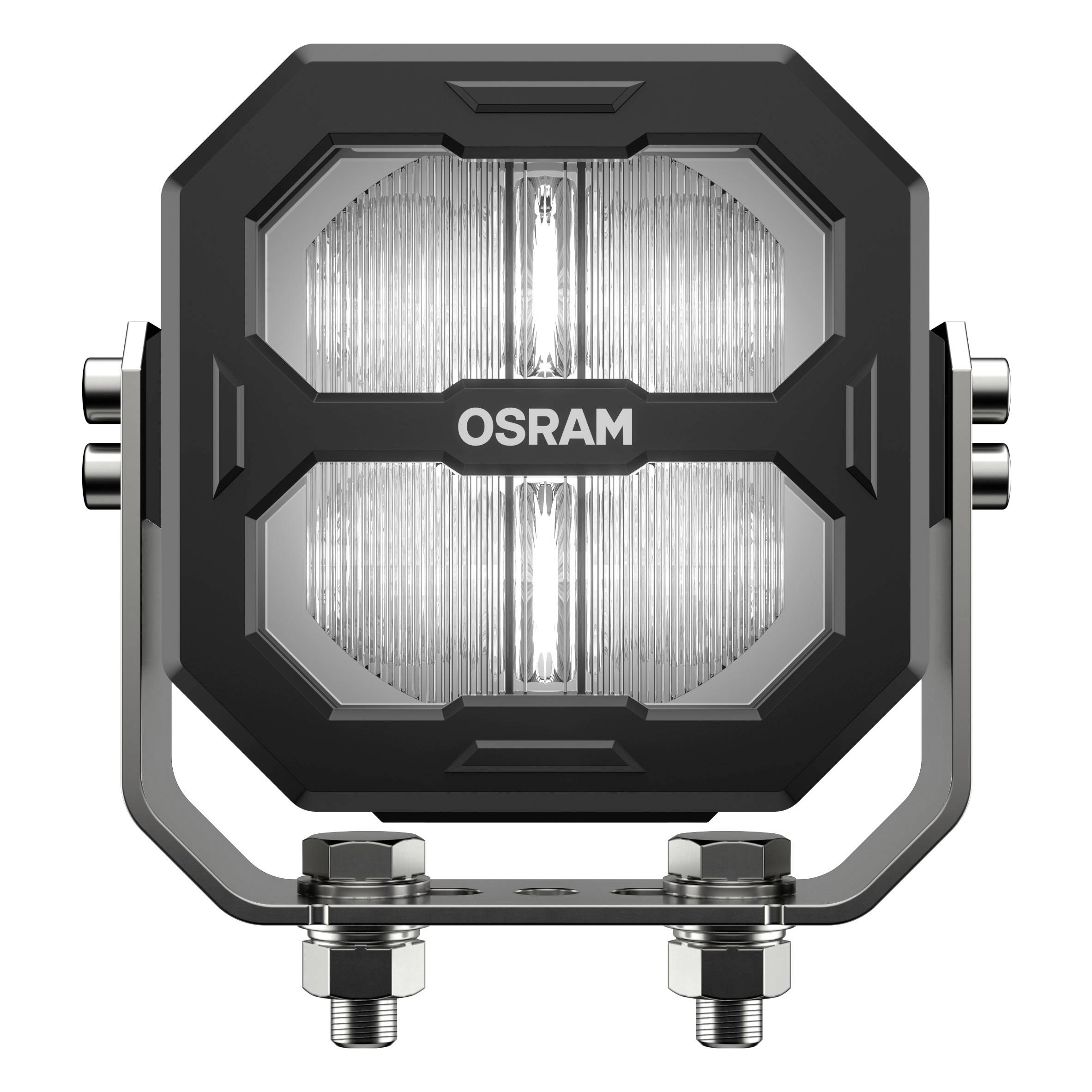Lampe de travail LED de forme carrée avec deux barres lumineuses, portant la marque 'OSRAM' au centre. Vis de fixation solides en bas.