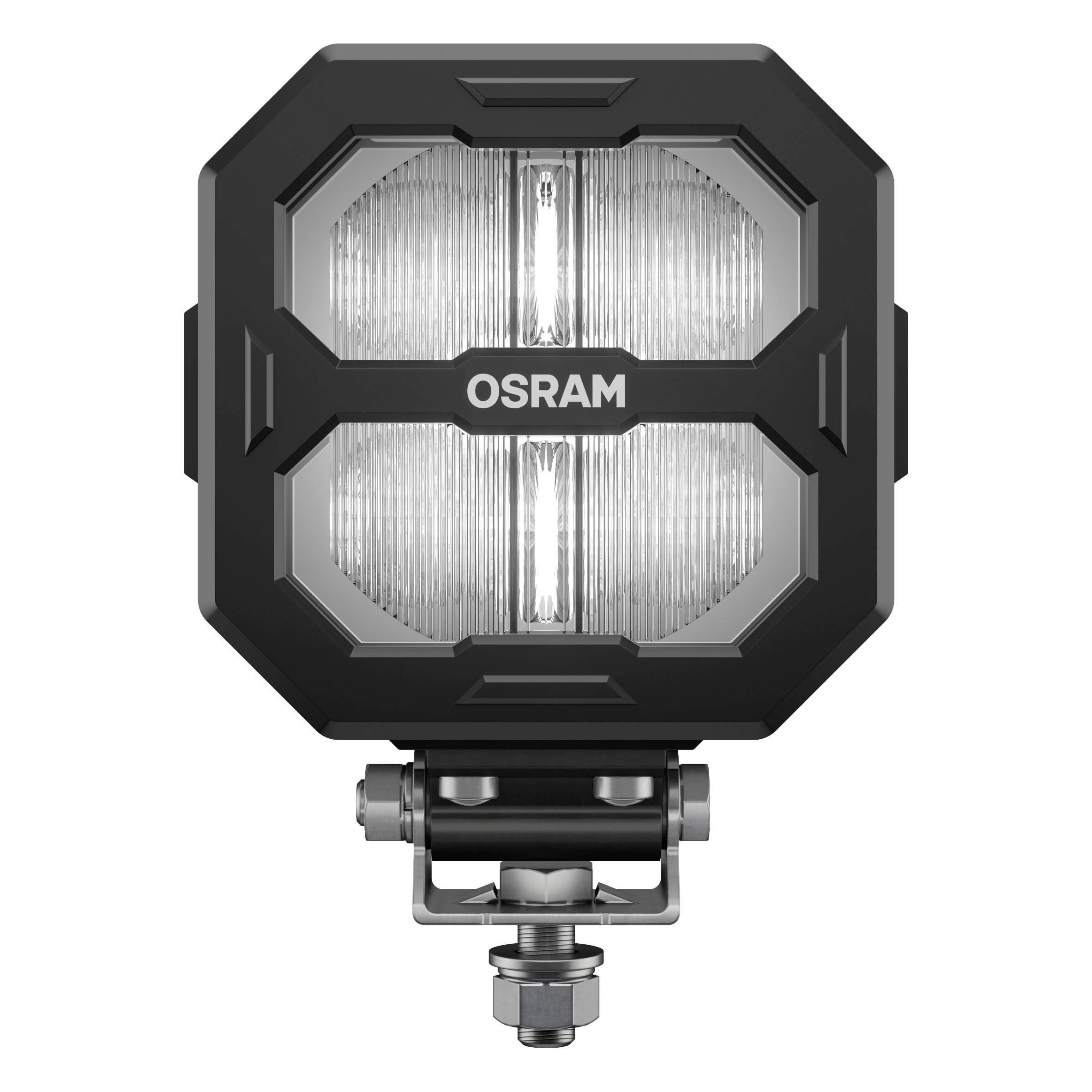 Lampe de travail LED OSRAM dans un boîtier carré, avec des éléments argentés et transparents. Robuste et résistante aux intempéries pour des applications polyvalentes.