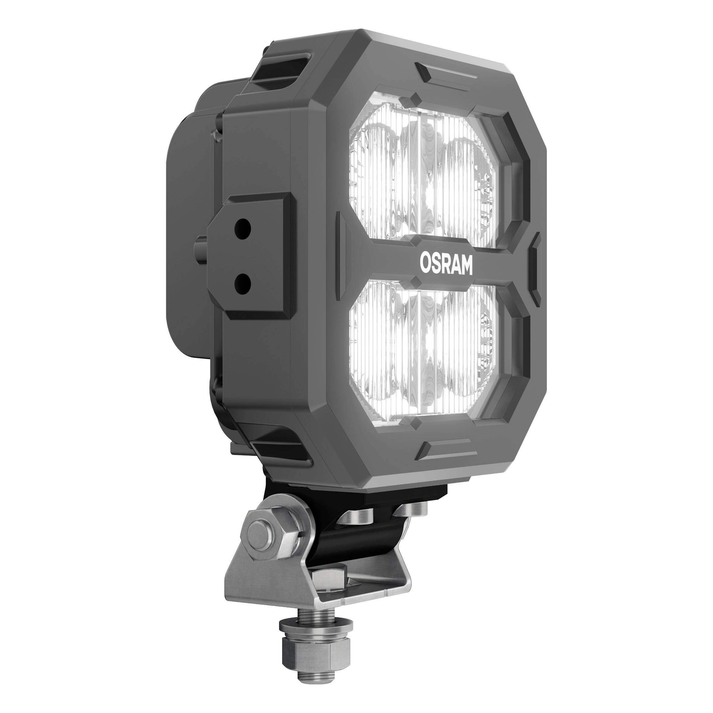 Lampe de travail LED dans un boîtier rectangulaire portant l'inscription 'OSRAM', montée sur un support métallique réglable.