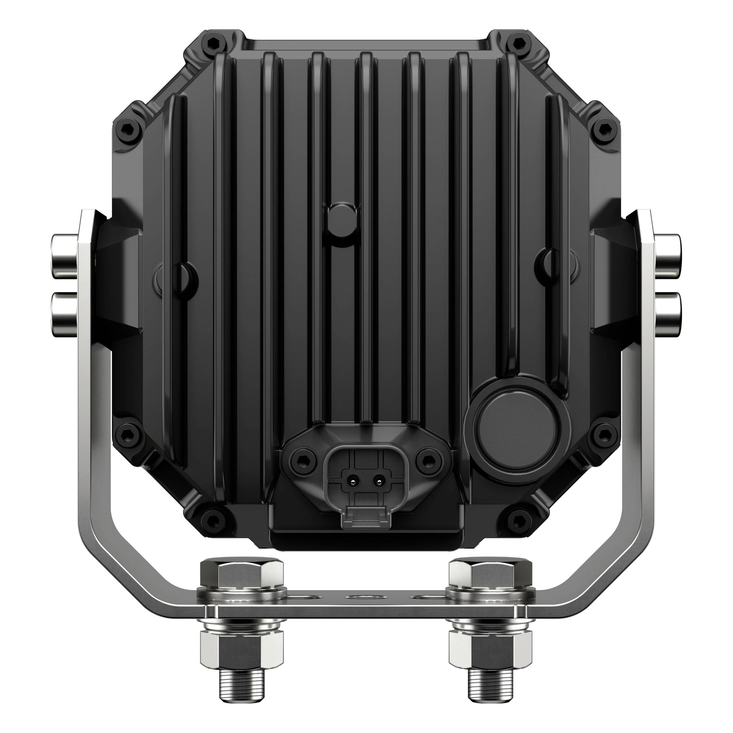 Vue latérale d'un appareil électrique robuste et rectangulaire, doté de plusieurs connexions et d'un boîtier métallique. Typique des applications industrielles.