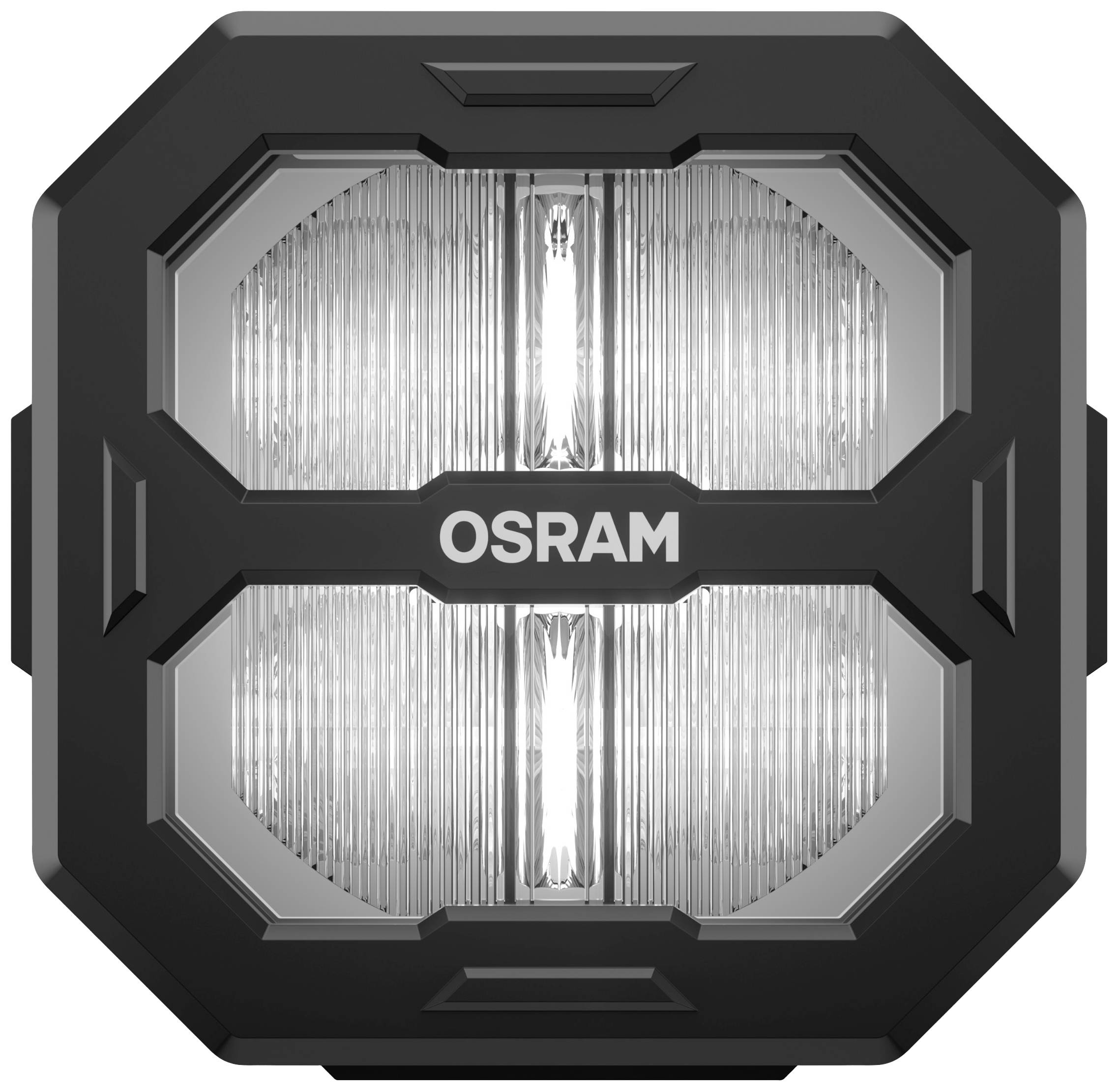Un projecteur LED carré noir de OSRAM avec quatre lentilles, adapté à l'éclairage automobile.