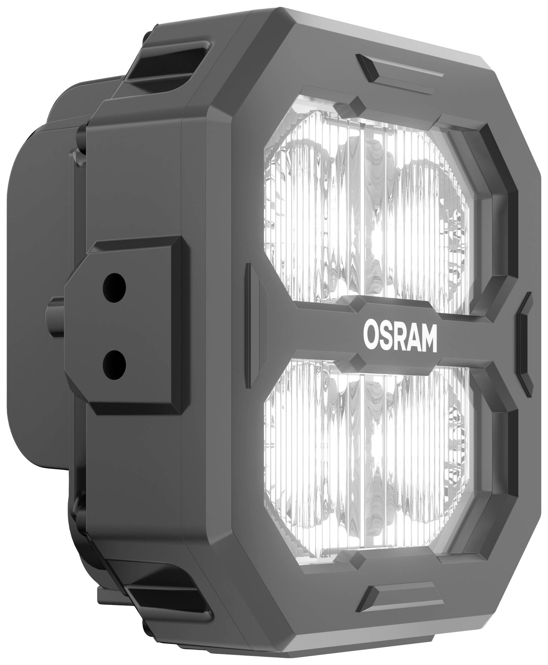 Un projecteur LED rectangulaire à quatre éléments lumineux, marqué 'OSRAM', adapté à l'éclairage automobile et aux utilisations en extérieur.
