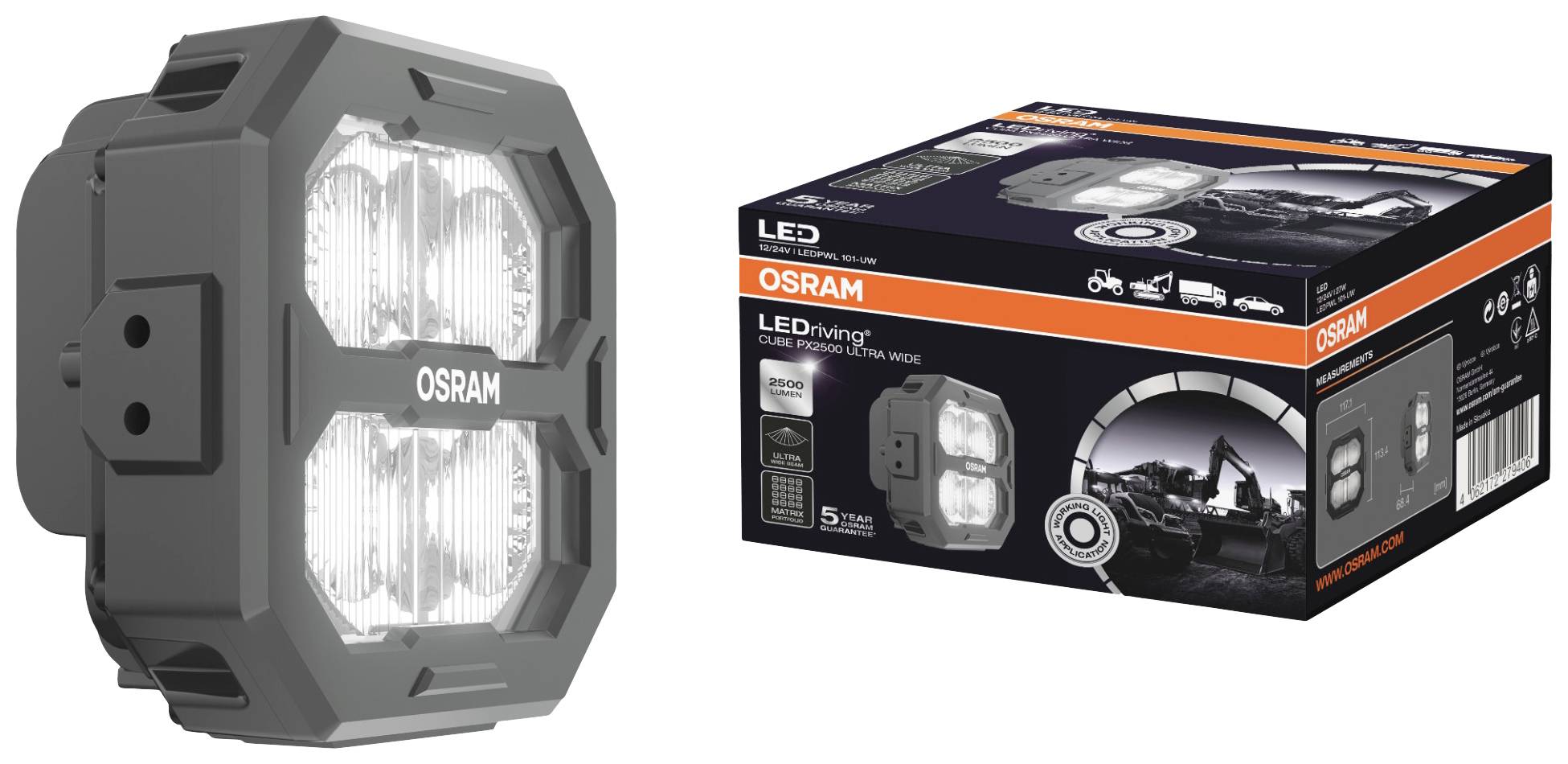 Projecteur de travail 'OSRAM LEDriving Cube PX100-WD' avec boîtier et emballage noirs. Adapté pour le tout-terrain, les motos et plus encore.