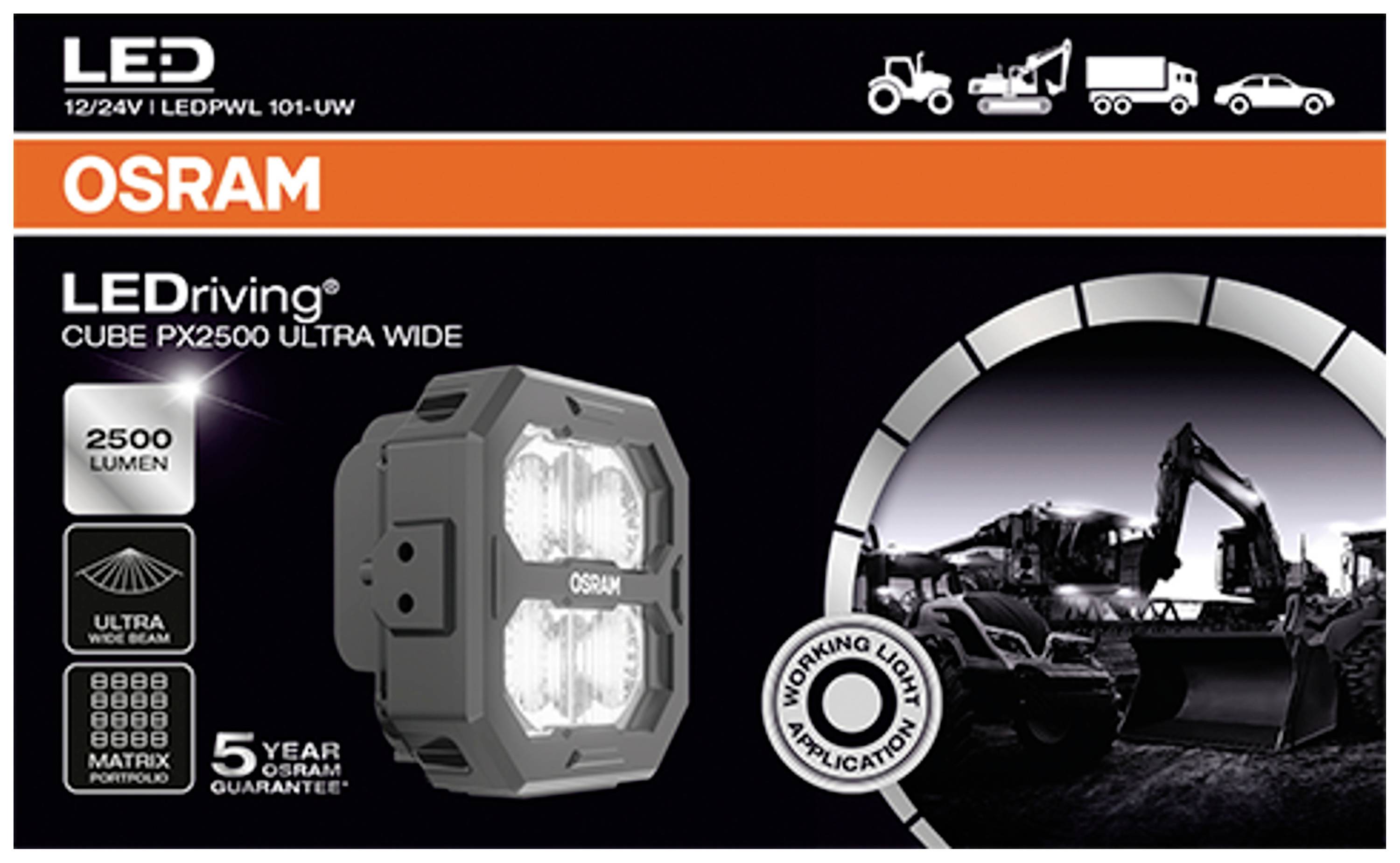 'Emballage d'un projecteur de travail LED OSRAM de 2500 lumens, adapté aux véhicules et chantiers, avec des images de machines de construction.'